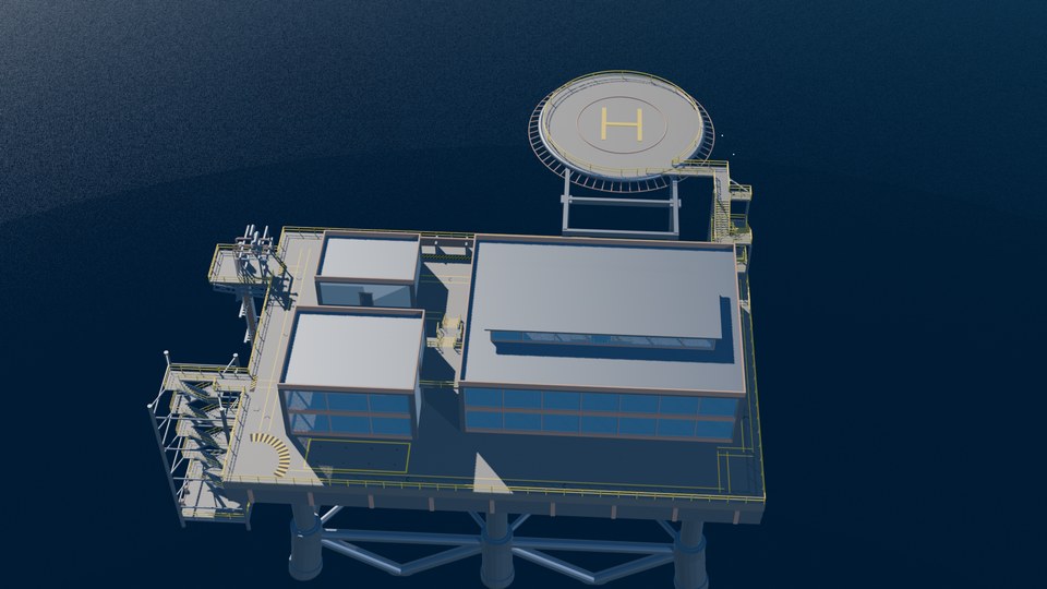 The oil rig part-way through assembling itself in Blender